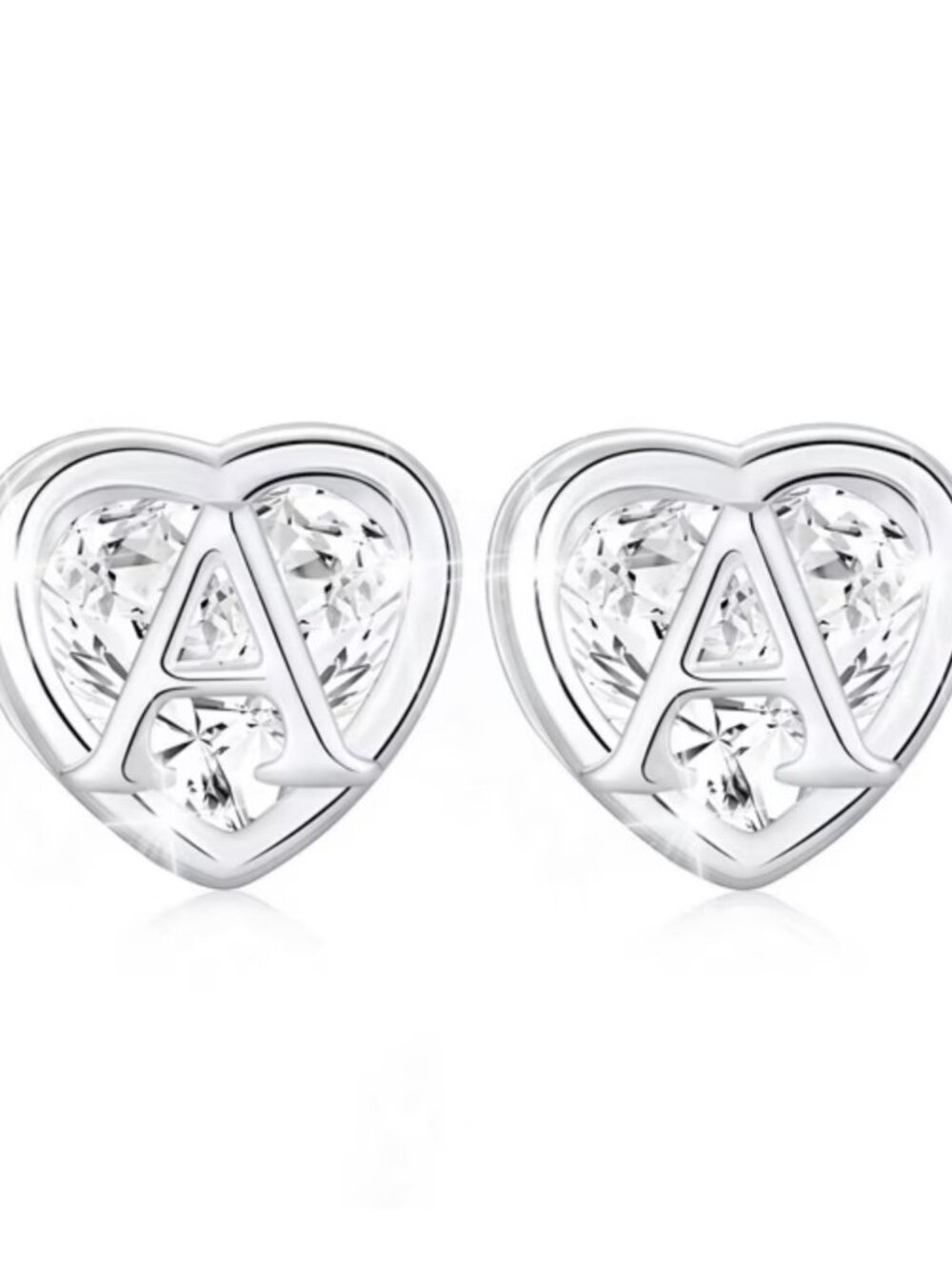 Letter A Silver Heart Initial Letter Earrings with Cubic Zirconia Stud Earrings
